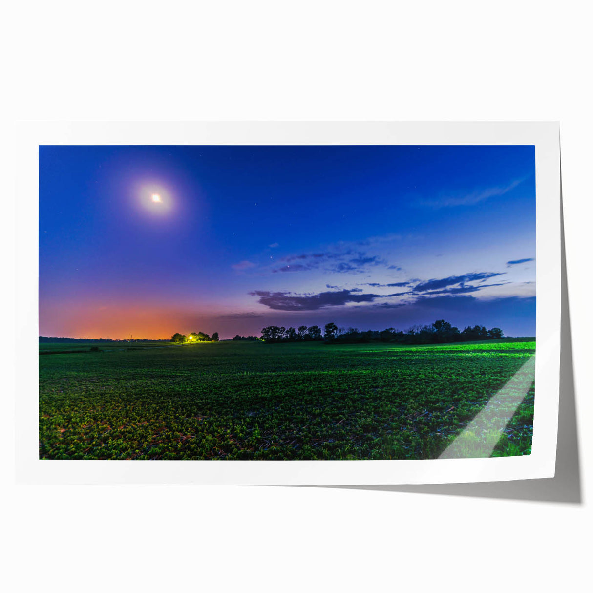 Rolled print of Indiana scenery with vibrant green and blue tones, ideal for art wall dining room placement.