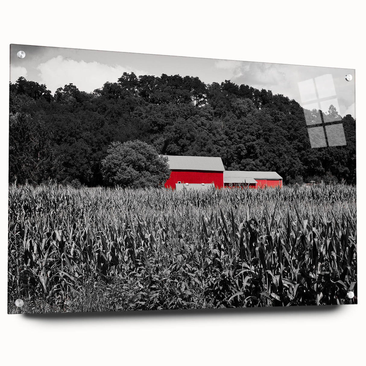 Acrylic print of a large abstract depiction of Iowa scenery in muted earth tones, suitable for dining room or bedroom decor.