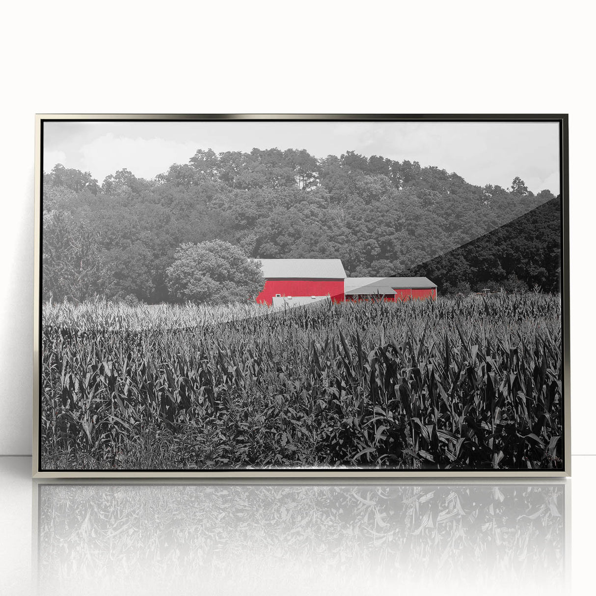 Mid-century modernist art depicting a serene Iowa landscape in muted earth tones, framed acrylic, ideal for nursery wall art.