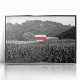 Mid-century modernist art depicting a serene Iowa landscape in muted earth tones, framed acrylic, ideal for nursery wall art.