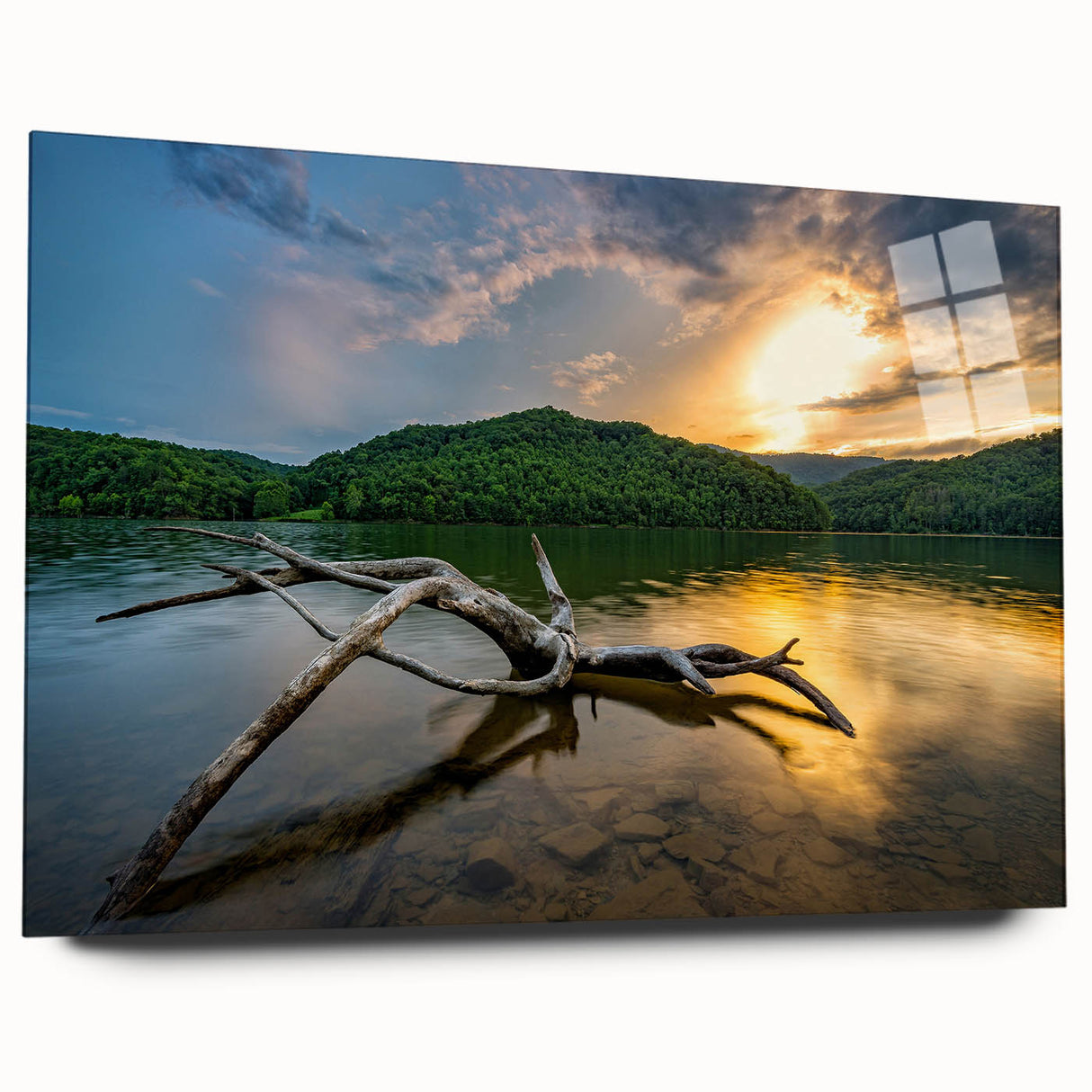 Large abstract wall art on acrylic glass depicting the Kentucky landscape, in soft earth tones.