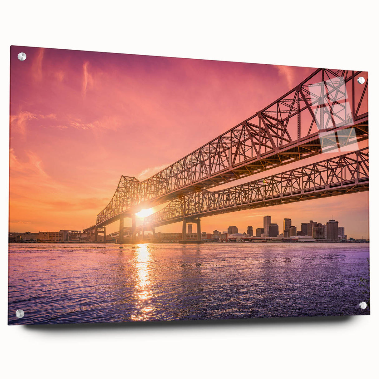 Acrylic print of New Orleans skyline in muted colors, suitable for bedroom or dining room decor.