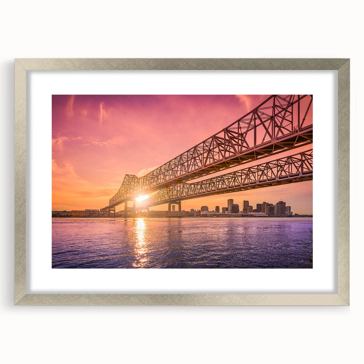 Textured abstract art print of New Orleans scenery in muted earth tones on a framed canvas, suitable for bedroom art.