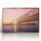 Acrylic print of New Orleans scenery in gold tones, framed, mid-century modernist style, suitable for modern art wall decor.