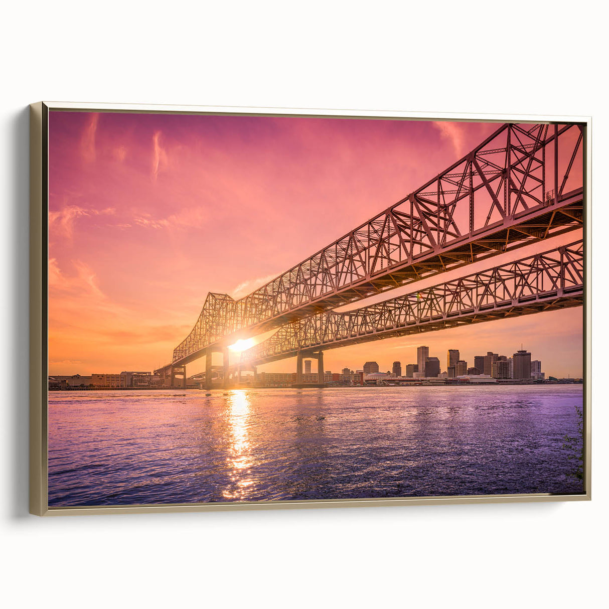 Framed canvas of a vintage-style New Orleans landscape in black and gold tones, ideal for bedroom wall art.