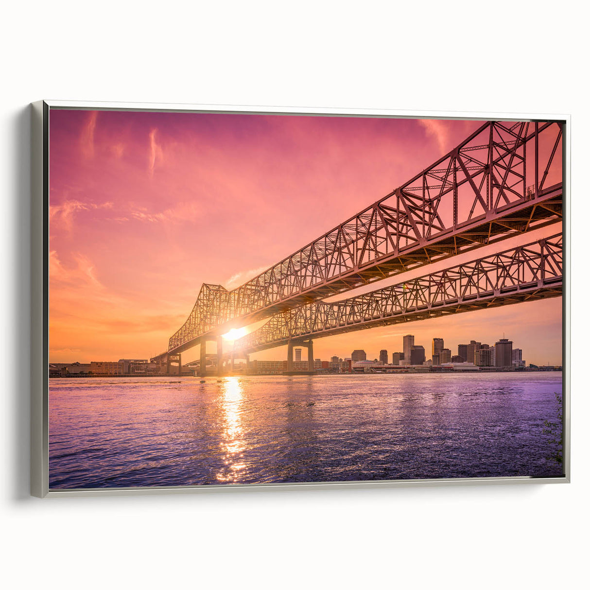 Framed canvas of a vintage-style New Orleans landscape with colorful elements, ideal for living room decor.
