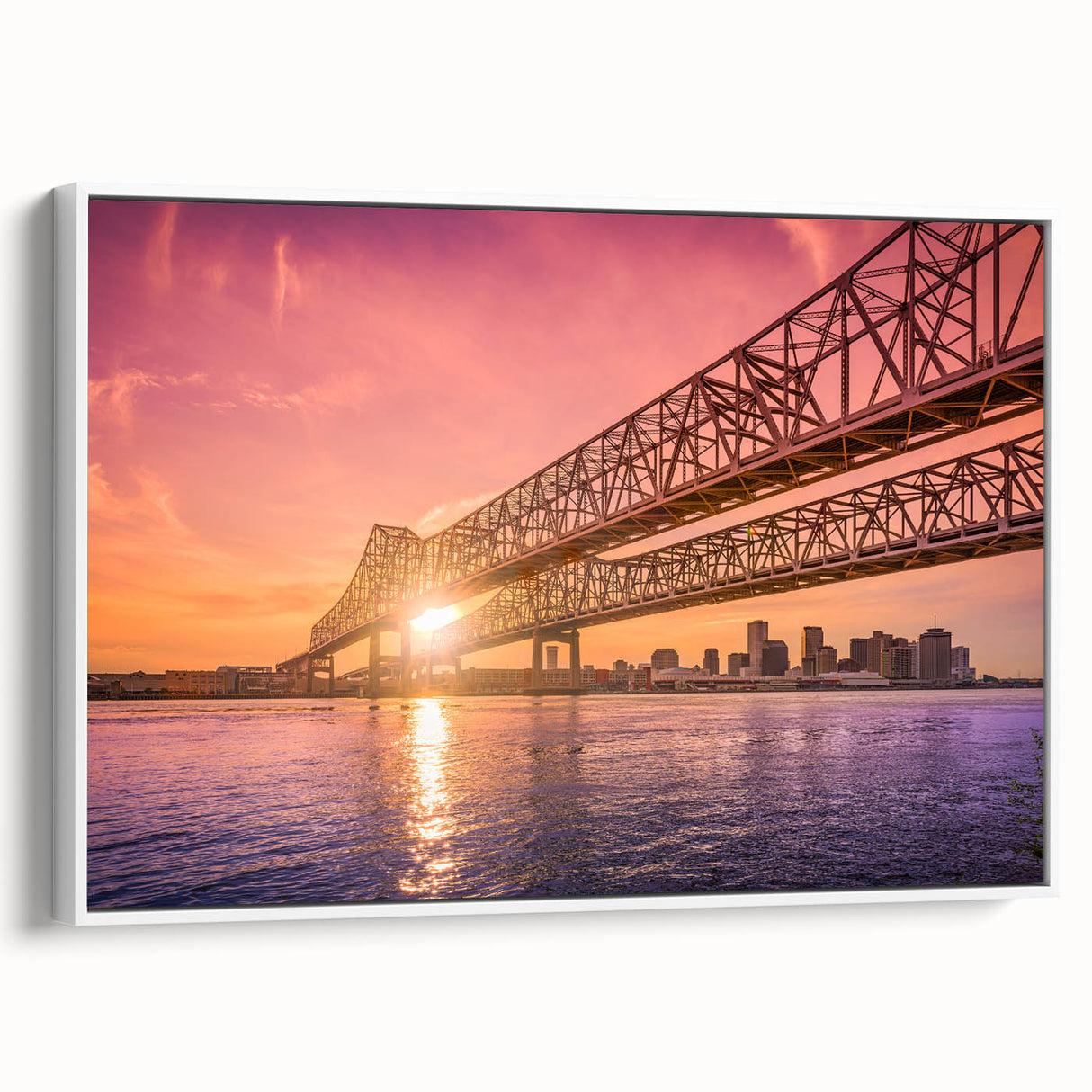 Vintage poster art of New Orleans in colorful tones on extra large framed canvas, suited for living room decor.