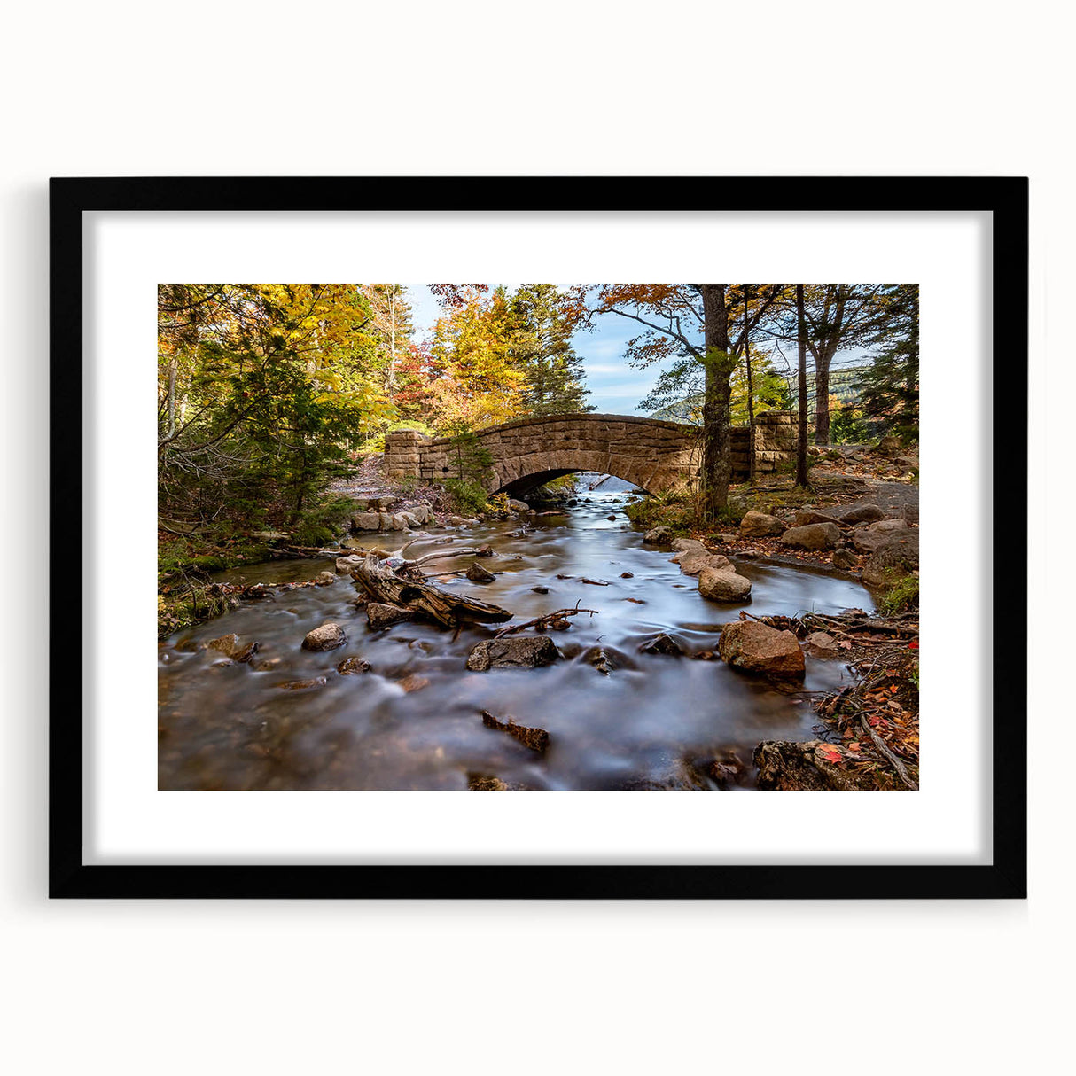 Extra large abstract art print of Acadia, Maine, featuring vibrant, colorful textures on a black framed canvas.
