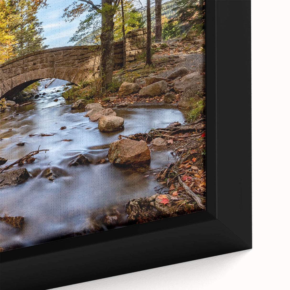 Extra large framed canvas depicting a textured Maine Acadia scenery in black with colorful art accents.