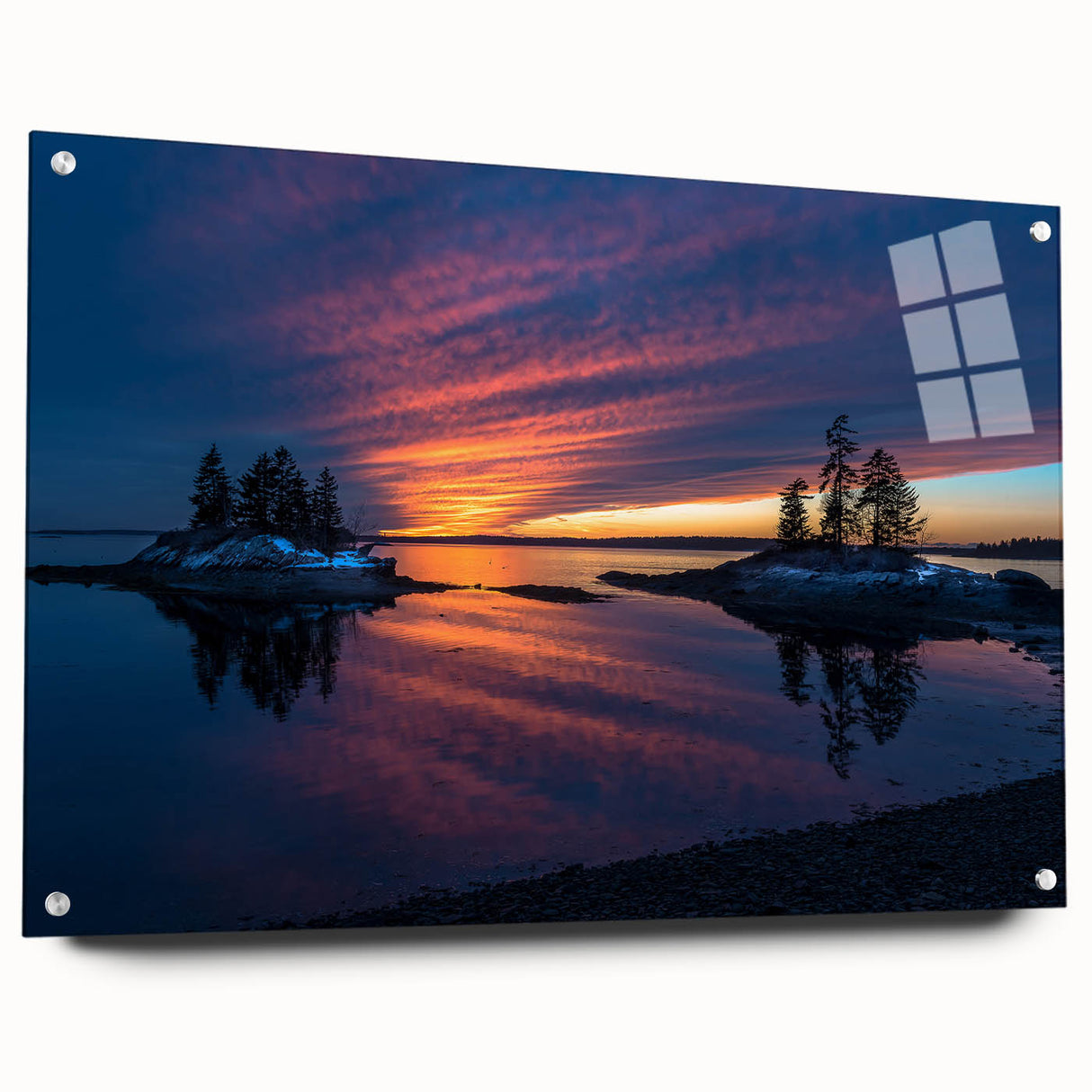 Acrylic print of a Maine landscape in muted earth tones, ideal for dining room decor.