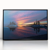 Large abstract wall art depicting a serene Maine landscape in muted earth tones, framed in black acrylic.