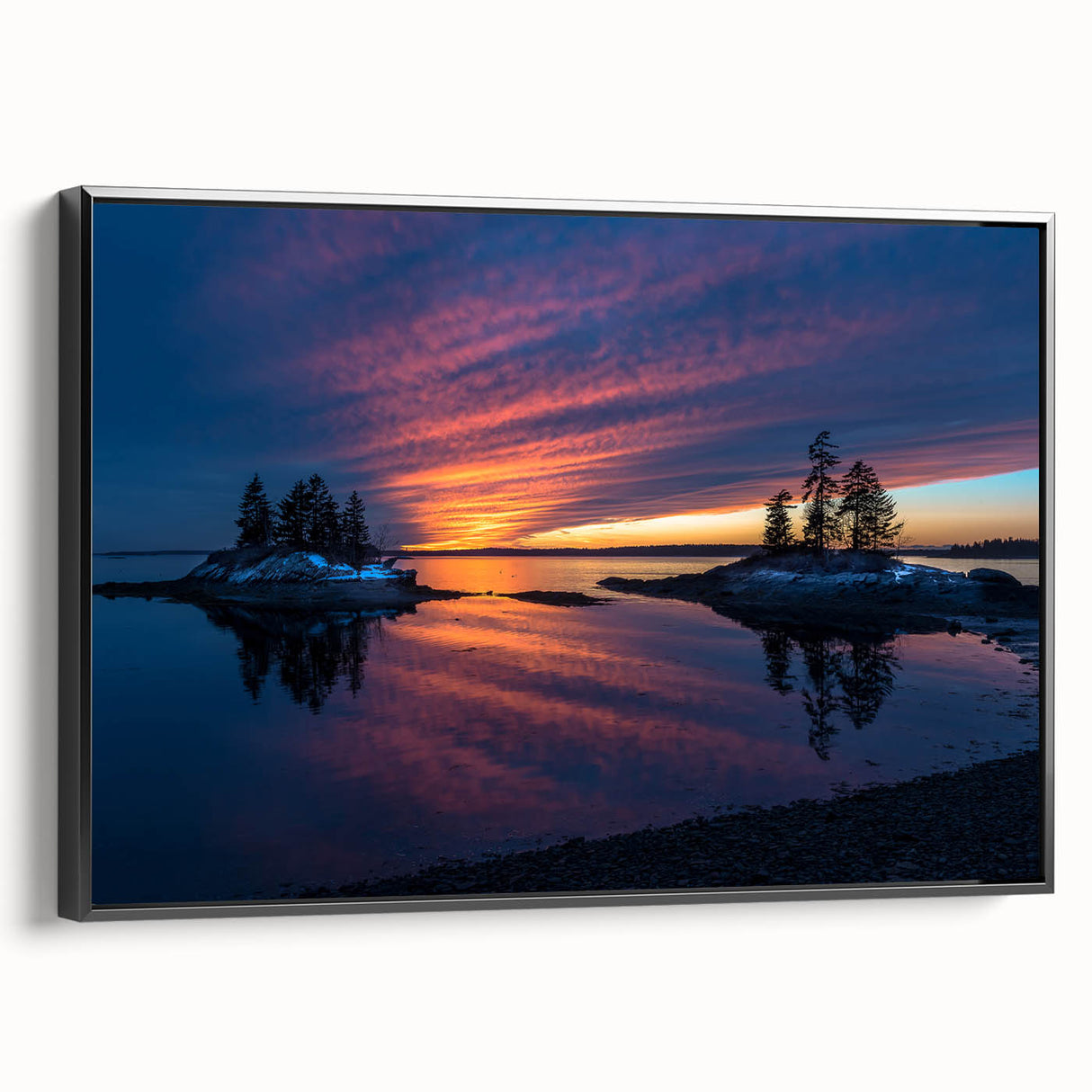 Black and white landscape art painting of Maine scenery on framed canvas, ideal for bedroom wall decor.