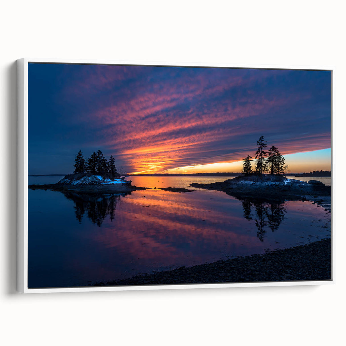 Vintage poster art of a Maine scenery on a framed canvas, featuring a palette of colorful art against a black background.