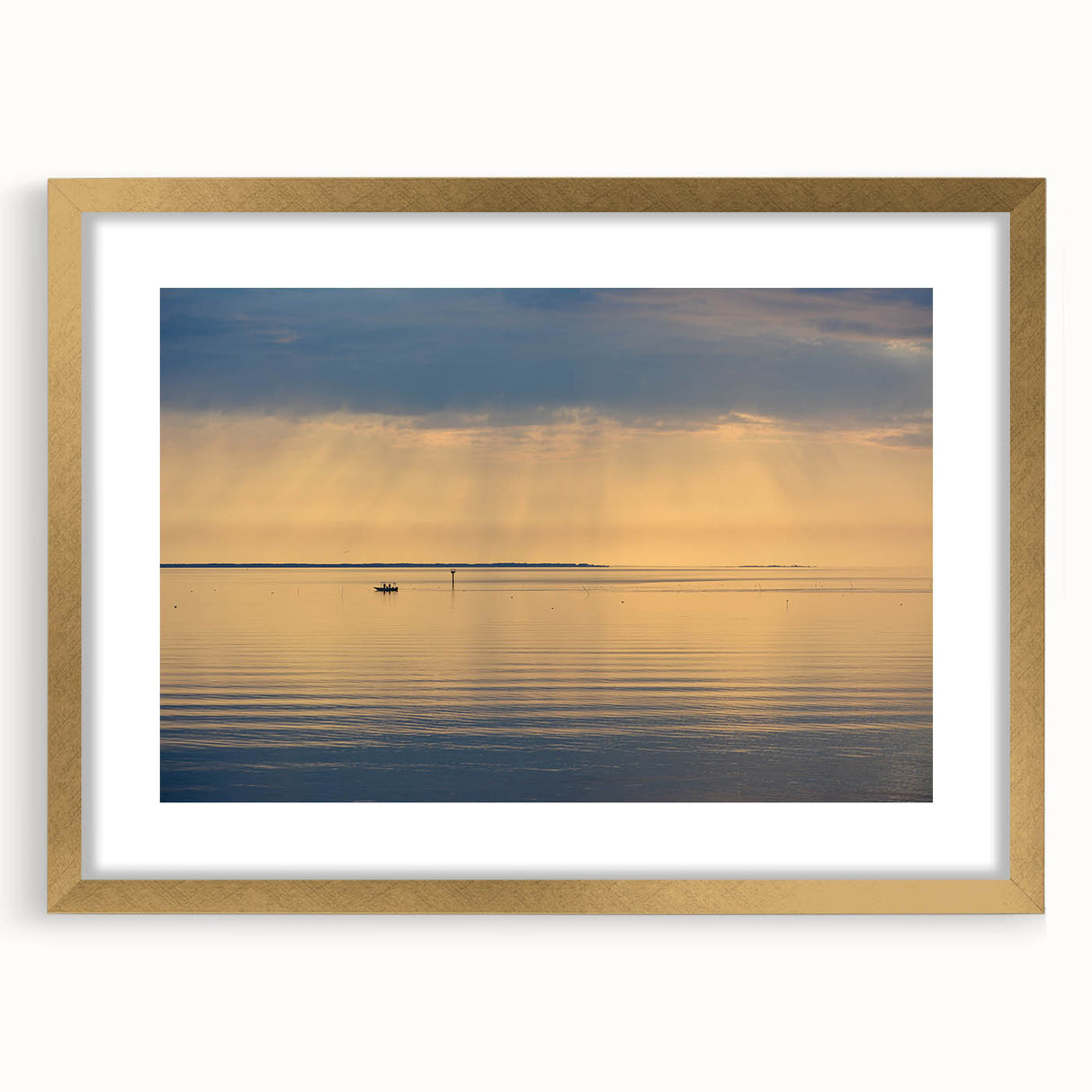 Abstract art print of Annapolis skyline in muted gold and blue tones on framed canvas.