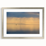 Extra large abstract art print of Annapolis scenery in textured shades of blue and gray, framed in silver.