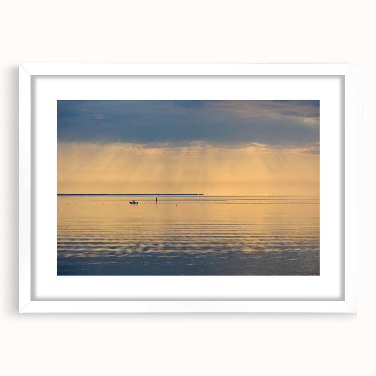Textured abstract art print of Annapolis scenery in muted blue and gray tones, framed with a white mat.