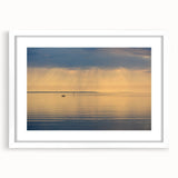 Textured abstract art print of Annapolis scenery in muted blue and gray tones, framed with a white mat.