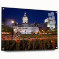 Acrylic print of a large abstract depiction of Baltimore skyline in muted blue and gray tones.