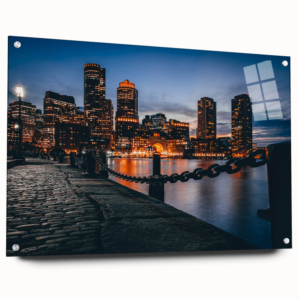 Acrylic print of a large abstract depiction of Boston skyline in muted blue and gray tones.