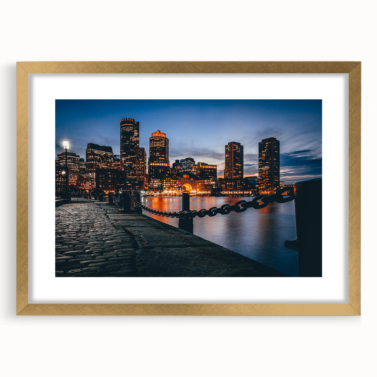 Extra large abstract art print of Boston skyline in textured gold frame, ideal for living room decor.