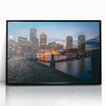 Large abstract wall art of Boston skyline in muted blue tones on a framed acrylic, ideal for modern living room decor.