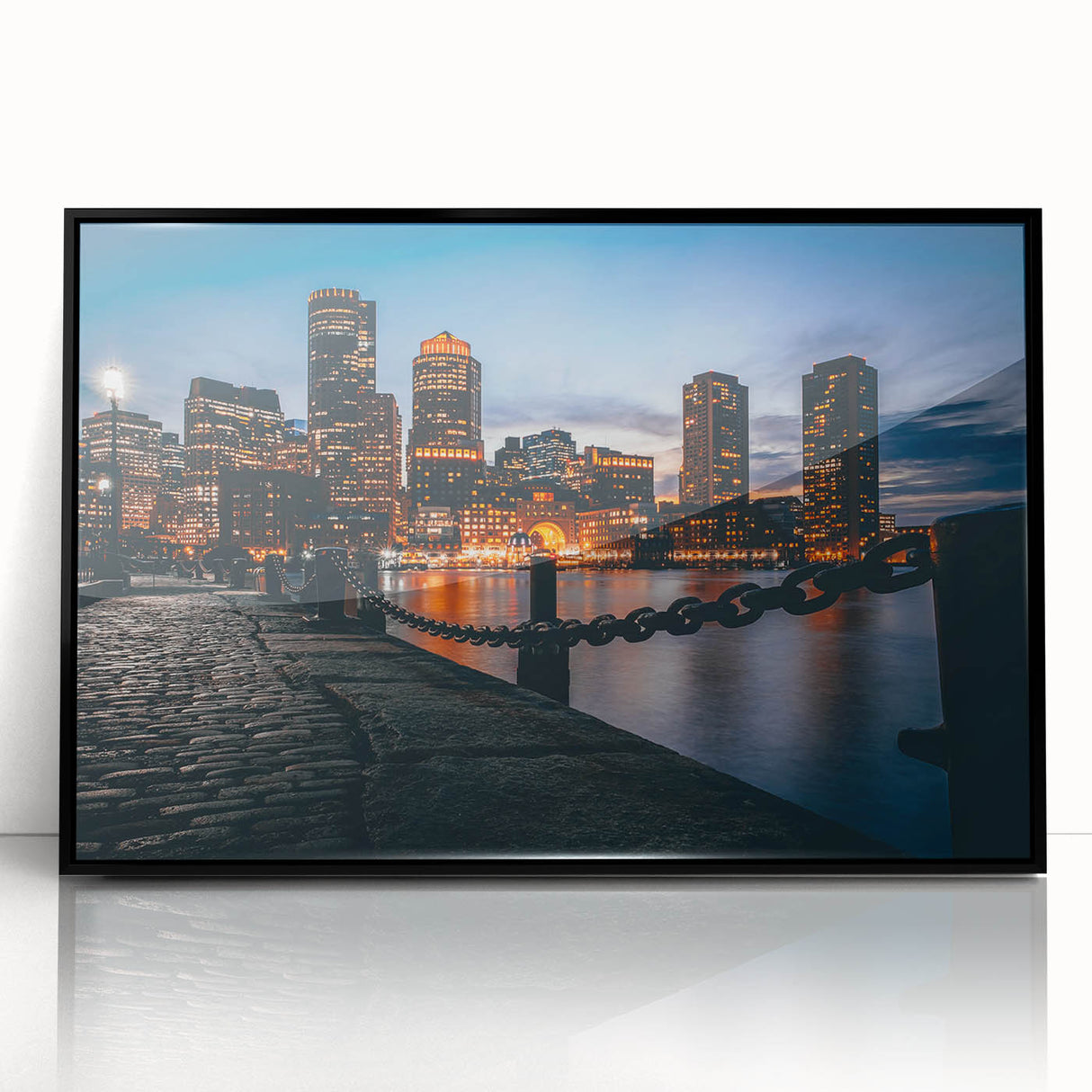 Large abstract wall art of Boston skyline in muted blue tones on a framed acrylic, ideal for modern living room decor.