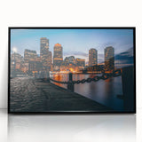 Large abstract wall art of Boston skyline in muted blue tones on a framed acrylic, ideal for modern living room decor.