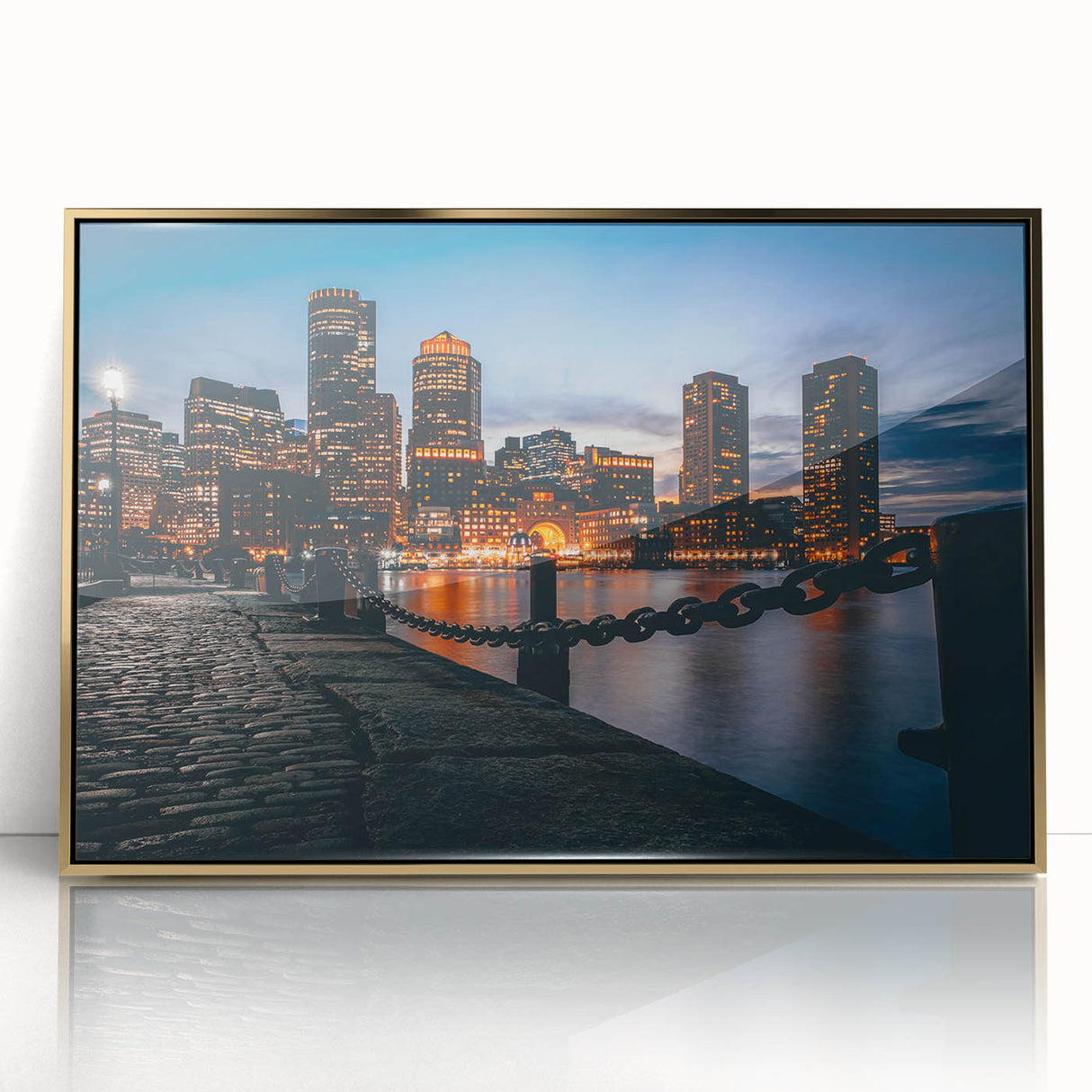 Large art print of Boston skyline in muted gold and blue tones on framed acrylic, suitable for modern art wall decor.