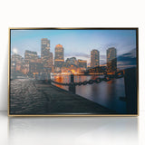 Large art print of Boston skyline in muted gold and blue tones on framed acrylic, suitable for modern art wall decor.