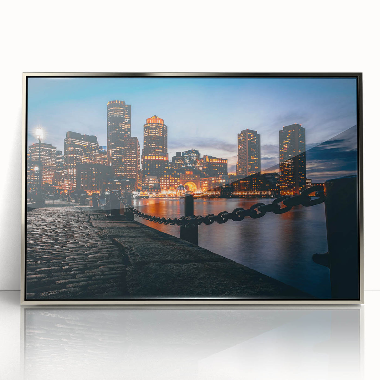 Mid-century modernist art of Boston skyline in muted blue tones on a silver-framed acrylic print.