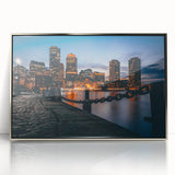 Mid-century modernist art of Boston skyline in muted blue tones on a silver-framed acrylic print.