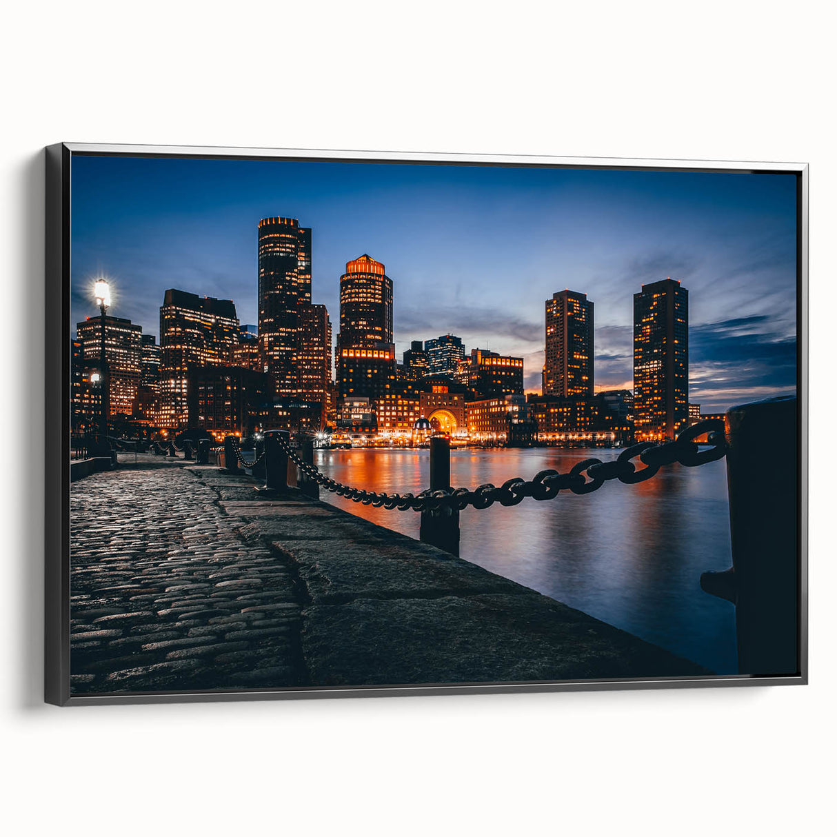 Black and white framed canvas of Boston landscape, ideal for bedroom wall art in vintage poster style.