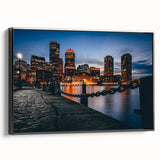Black and white framed canvas of Boston landscape, ideal for bedroom wall art in vintage poster style.