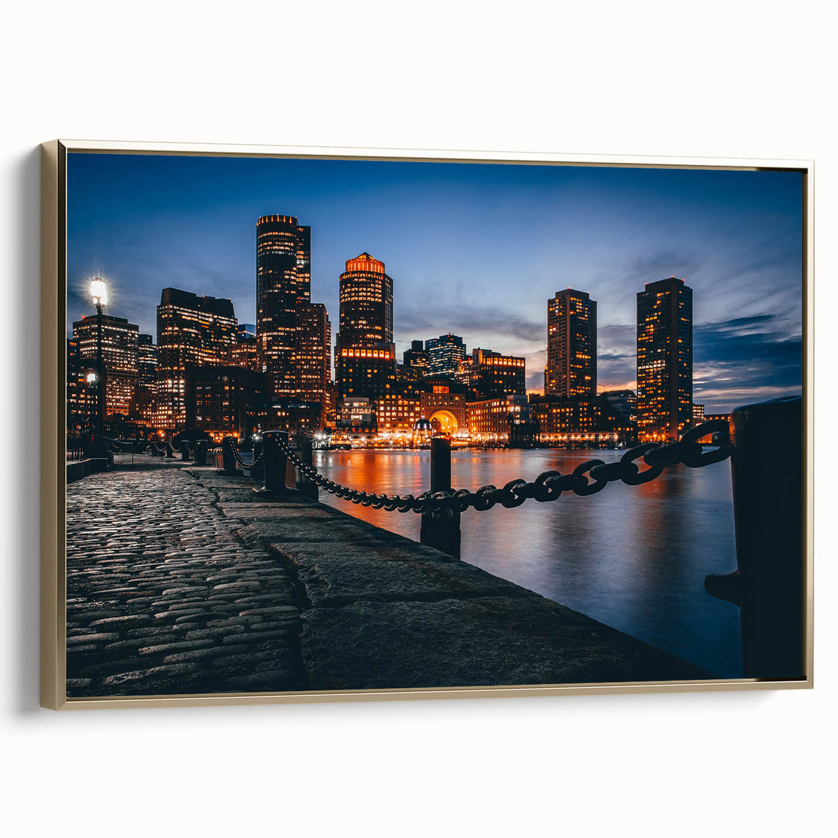 Framed canvas of a vintage-style Boston landscape in black and gold tones, ideal for bedroom wall art.