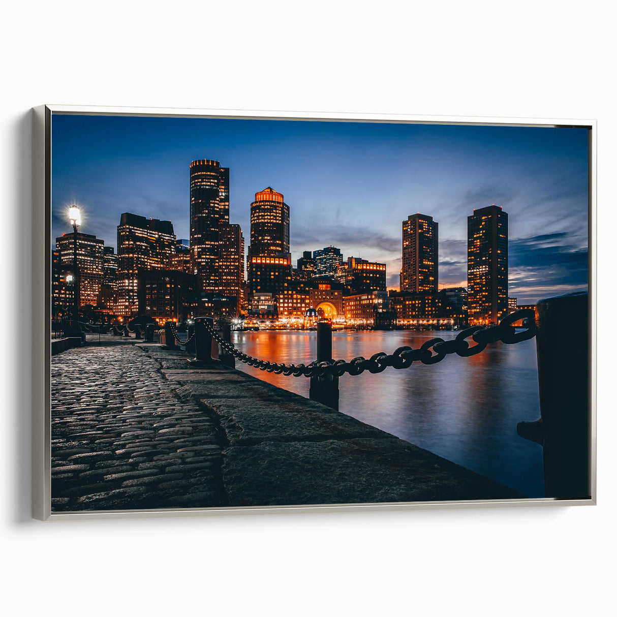Framed canvas featuring a vintage-style landscape art painting of Boston with a palette of colorful art on black background.