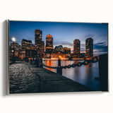 Framed canvas featuring a vintage-style landscape art painting of Boston with a palette of colorful art on black background.