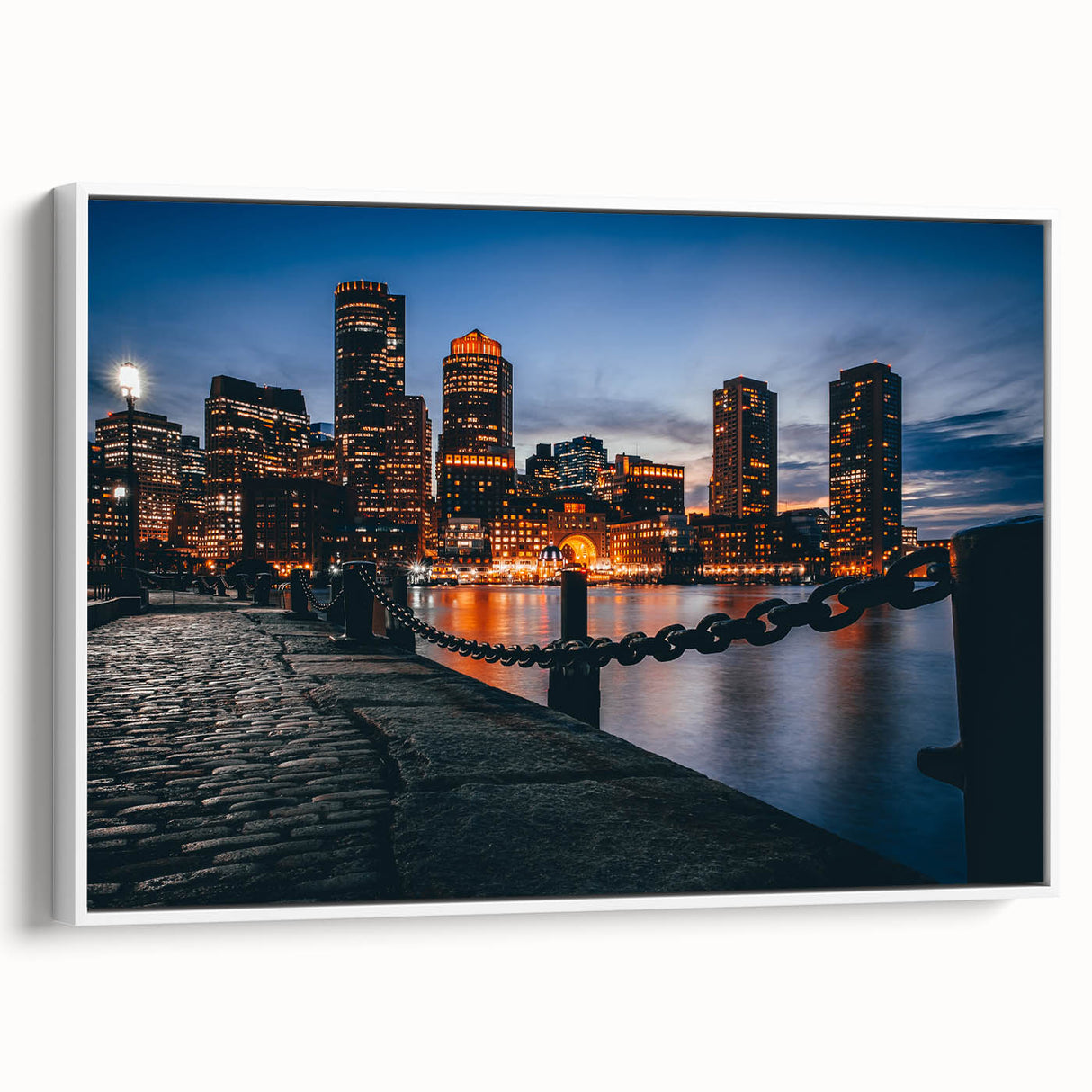 Vintage poster art of Boston skyline in colorful hues on extra large framed canvas, ideal for living room.