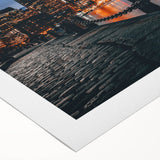 Art deco poster of Boston skyline in muted gray and blue, printed on rolled canvas, suitable for dining room wall.