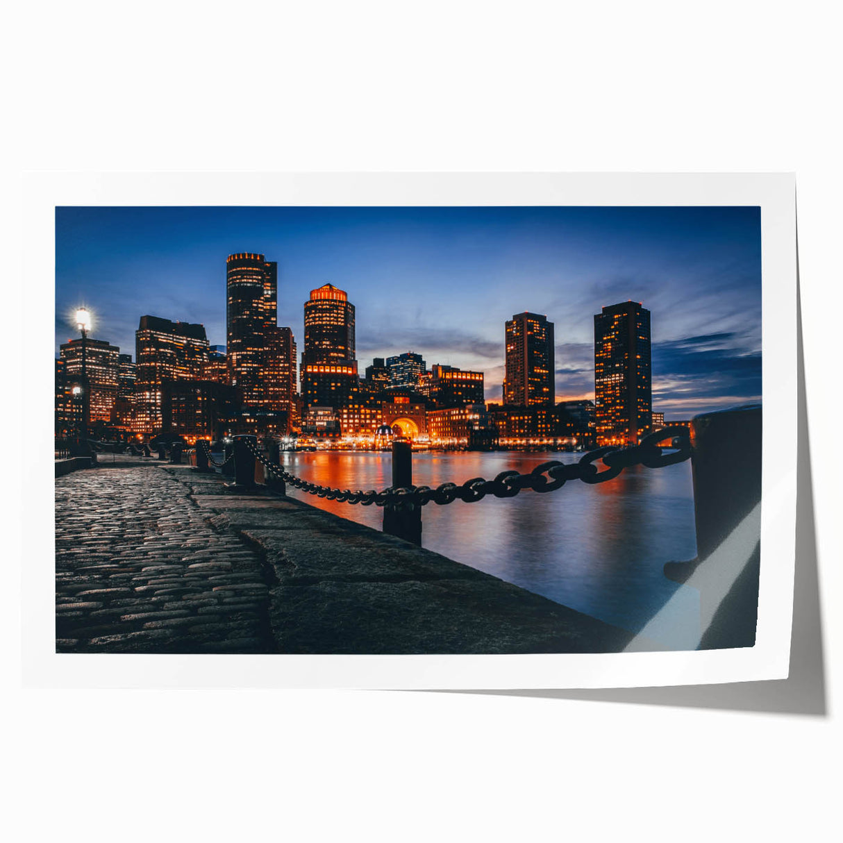 Rolled print of Boston skyline in muted blue and gray tones, ideal for art wall dining room.