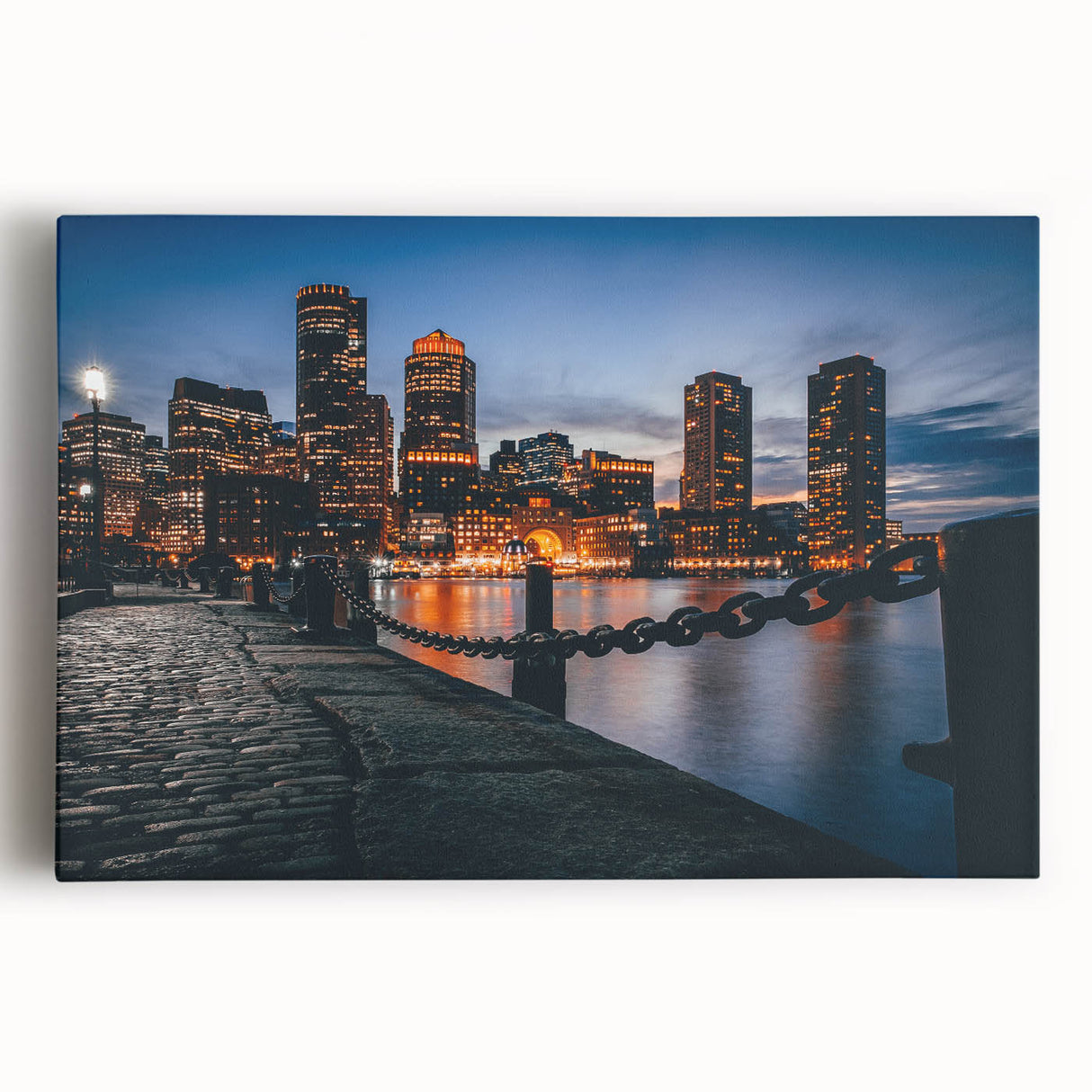 Black and white large art of Boston skyline on stretched canvas, ideal for kitchen wall art.