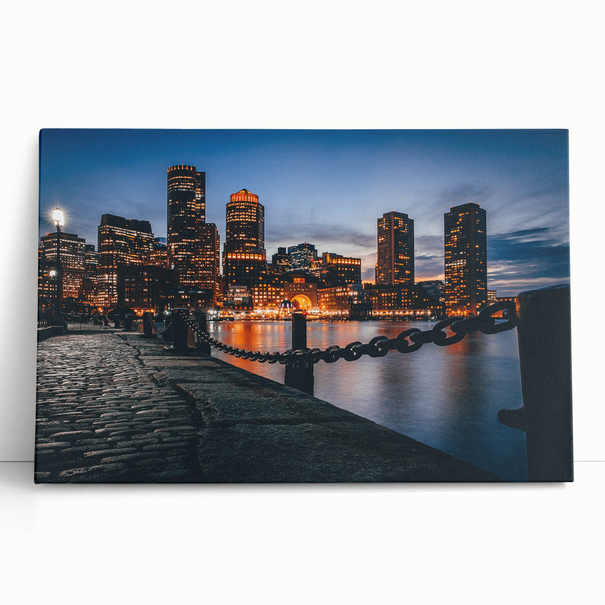 Black and white stretched canvas of Boston skyline, ideal for kitchen wall art or bedroom ambiance.