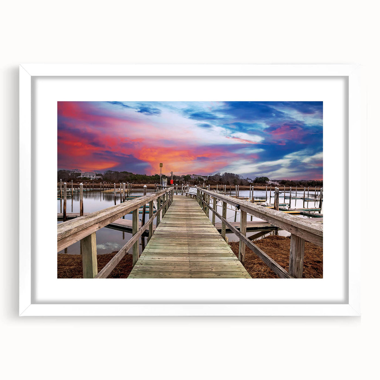 Abstract art print of Massachusetts Cape scenery in muted blue and green tones, framed with a white mat.
