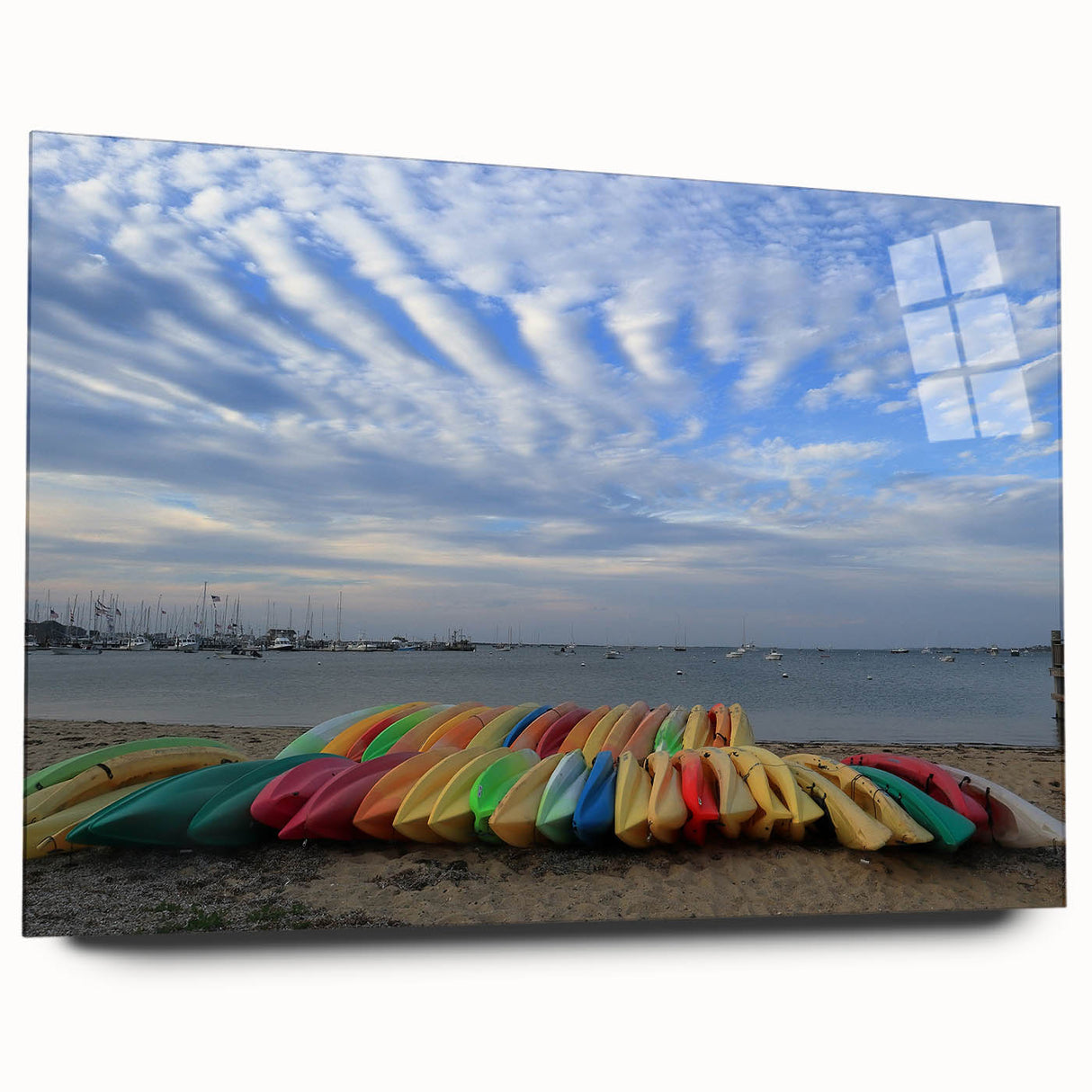 Large abstract wall art of Nantucket scenery in muted blue and green hues on acrylic glass.