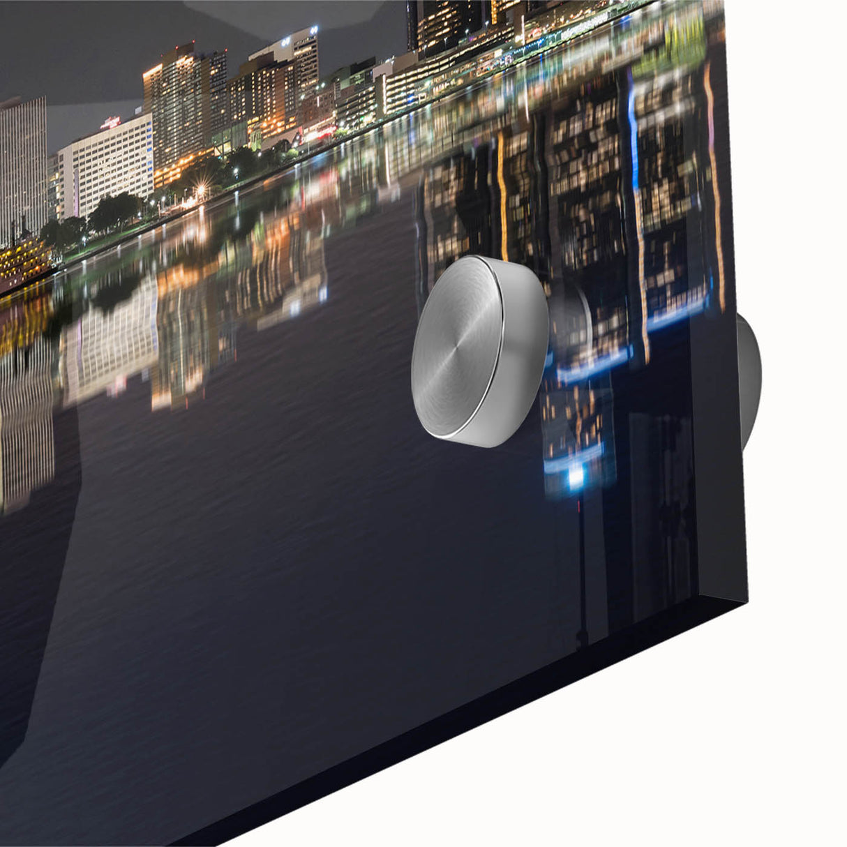 Large abstract wall art of Detroit skyline in muted gray and blue on acrylic glass, suitable for dining room ambiance.