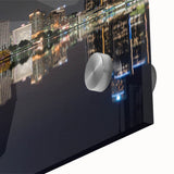 Large abstract wall art of Detroit skyline in muted gray and blue on acrylic glass, suitable for dining room ambiance.