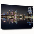 Acrylic print of a large abstract depiction of Detroit skyline in muted gray and blue tones.