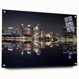 Acrylic print of a large abstract depiction of Detroit skyline in muted gray and blue tones.