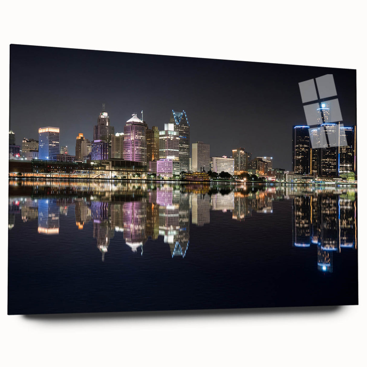 Large abstract wall art of Detroit skyline in muted blue and gray tones on acrylic glass.