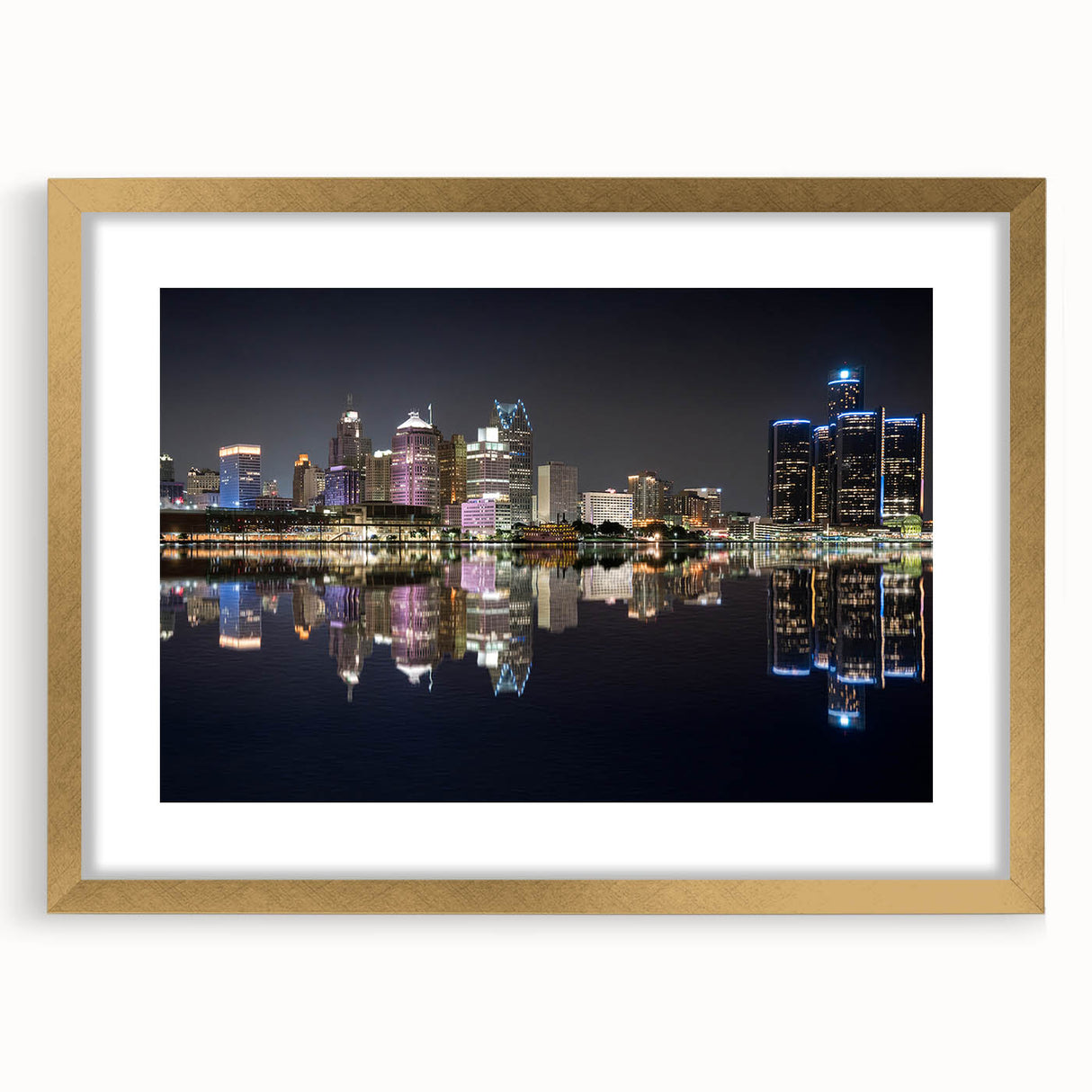 Extra large abstract art print of Detroit skyline in textured gold frame, ideal for living room decor.
