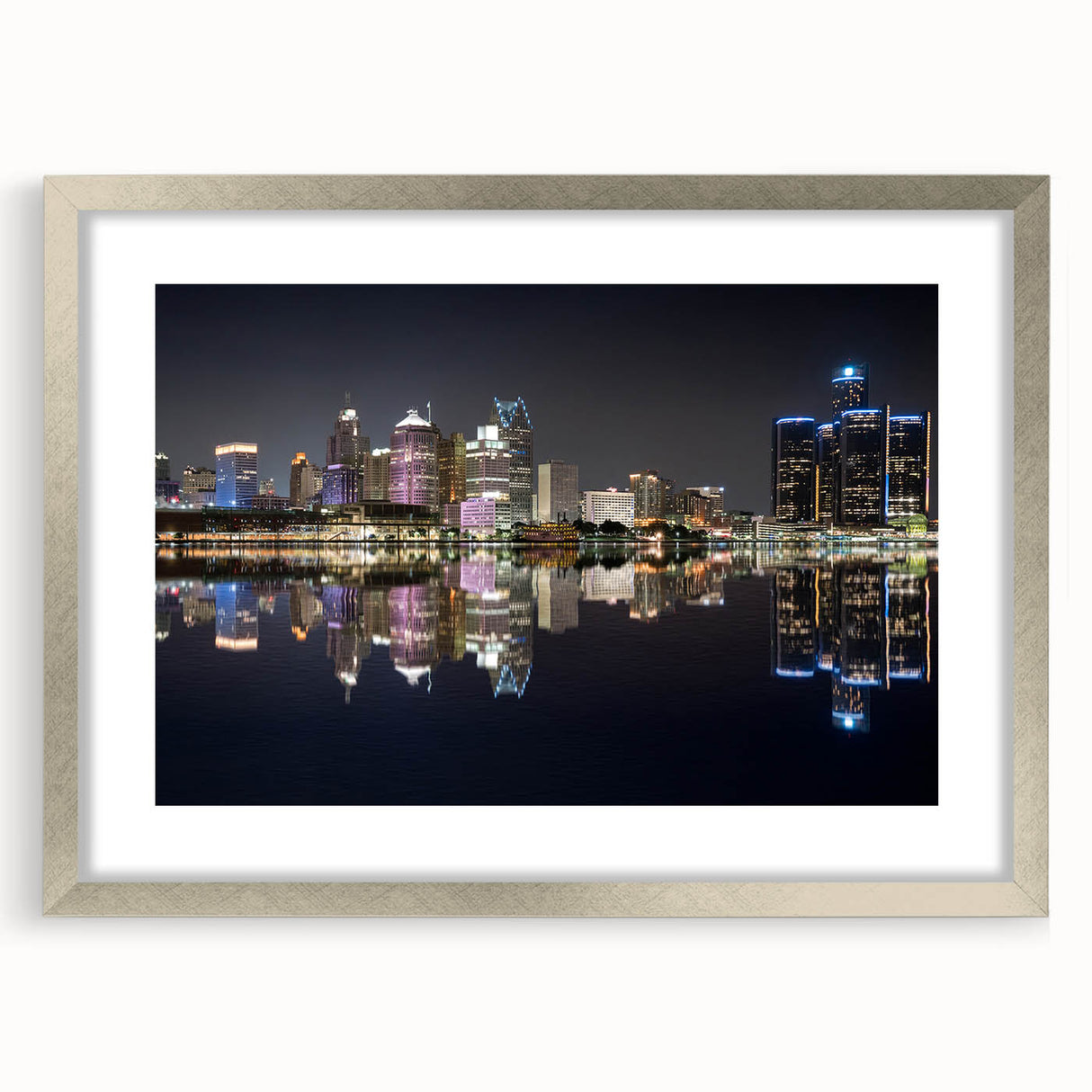 Textured abstract art print of Detroit skyline in muted gray and silver tones on a framed canvas, ideal for bedroom art.